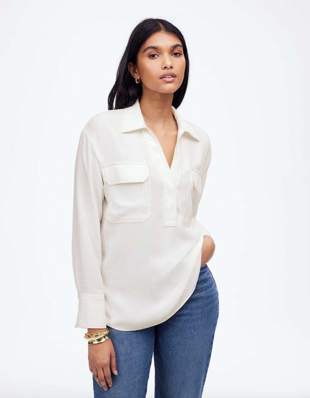Madewell Contrast Stitch Popover Shirt Blouse Winter White Long Sleeve M NWT